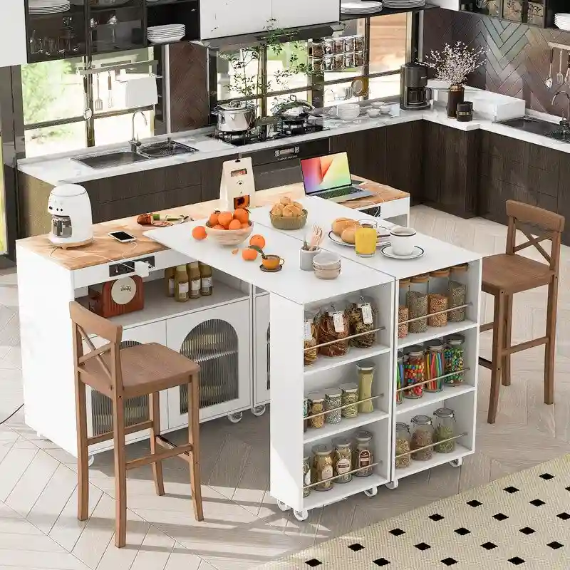 Rolling Kitchen Island With Extended Table,with LED Lights,Glass Doors