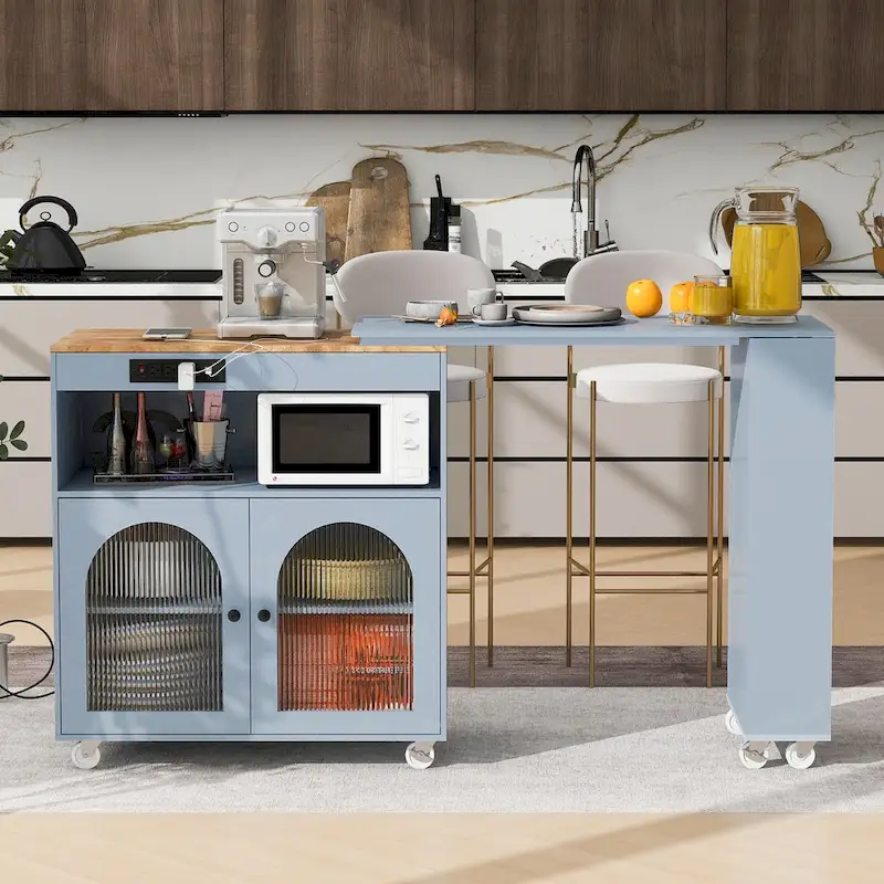 56.3 in. W Kitchen Island with Extended Table, LED Lights and Side 3 Open Shelves