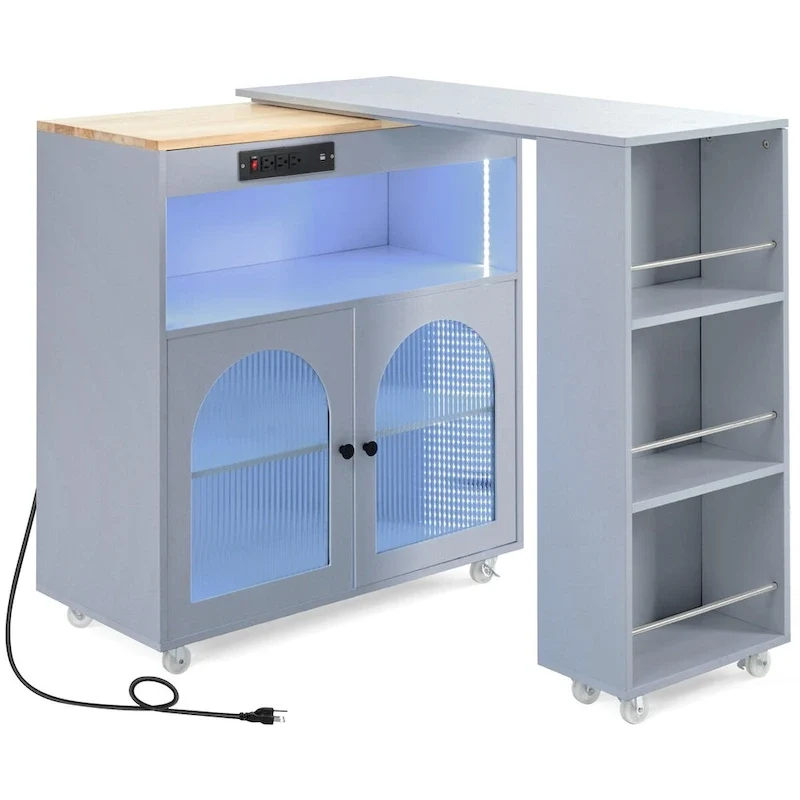 56.3 in. W Kitchen Island with Extended Table, LED Lights and Side 3 Open Shelves