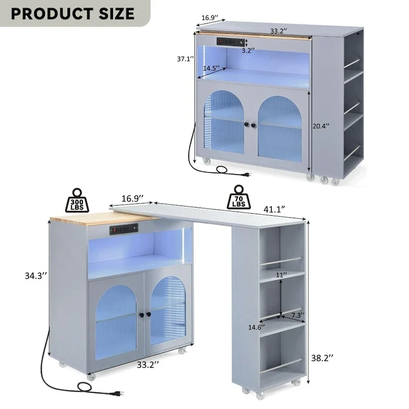 56.3 in. W Kitchen Island with Extended Table, LED Lights and Side 3 Open Shelves
