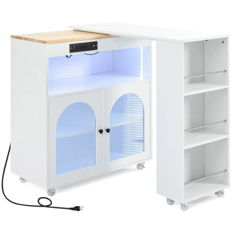 56.3 in. W Kitchen Island with Extended Table, LED Lights and Side 3 Open Shelves