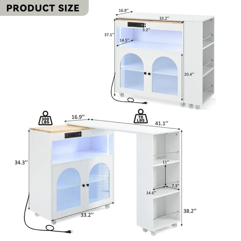 56.3 in. W Kitchen Island with Extended Table, LED Lights and Side 3 Open Shelves