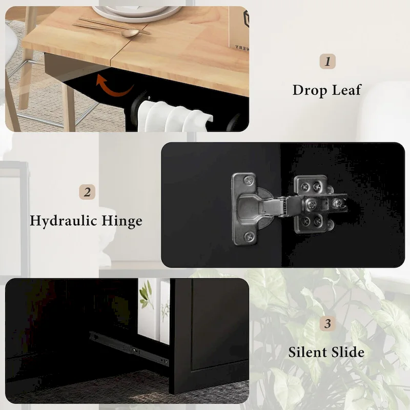 53.9 in. W Kitchen Island Rubberwood Drop-Leaf Countertop on 5 Wheels with Internal Storage Rack and 3 Tier Pull Out Cabinet