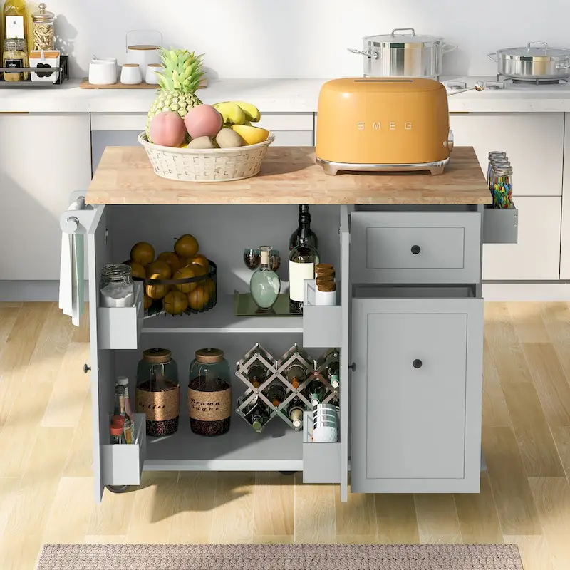 53.9 in. W Kitchen Island Rubberwood Drop-Leaf Countertop on 5 Wheels with Internal Storage Rack and 3 Tier Pull Out Cabinet