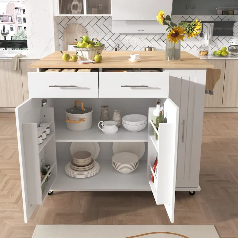 Kitchen Island with Drop Leaf,Kitchen Storage Cart with 3 Tier Pull Out Cabinet Organizer,Kitchen Cart on Wheels with Towel Rack