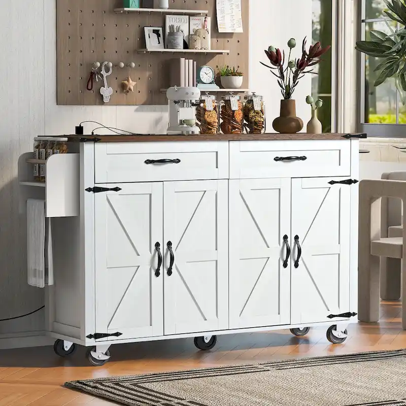 53.5Farmhouse Kitchen Island with Power Outlet, Kitchen Storage Island with Drop Leaf, Spice Rack and Drawer