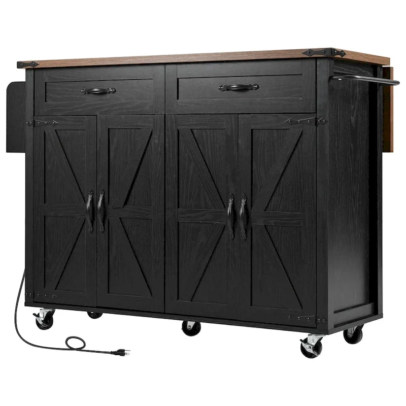 53.5Farmhouse Kitchen Island with Power Outlet, Kitchen Storage Island with Drop Leaf, Spice Rack and Drawer