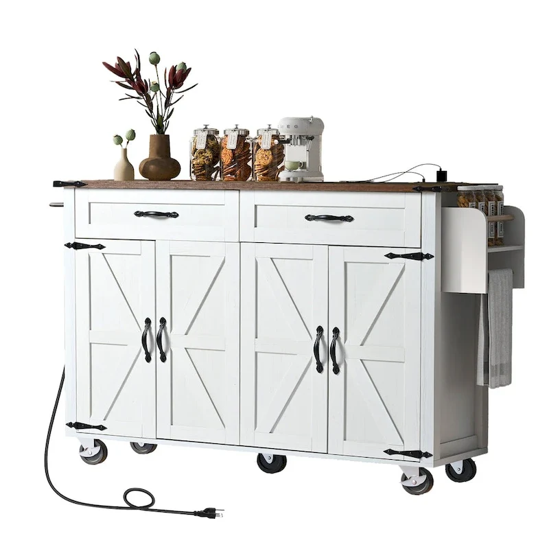 53.5Farmhouse Kitchen Island with Power Outlet, Kitchen Storage Island with Drop Leaf, Spice Rack and Drawer