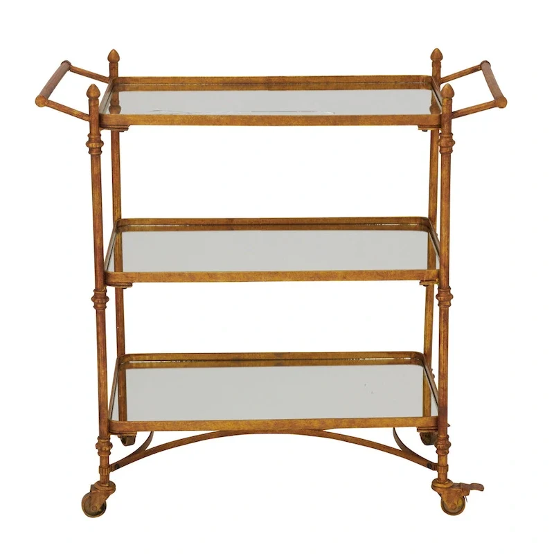 Metal Rolling 3 Mirrored Shelves Bar Cart with Handles - Brass - Roche River Decor - 18W x 35L x 33H