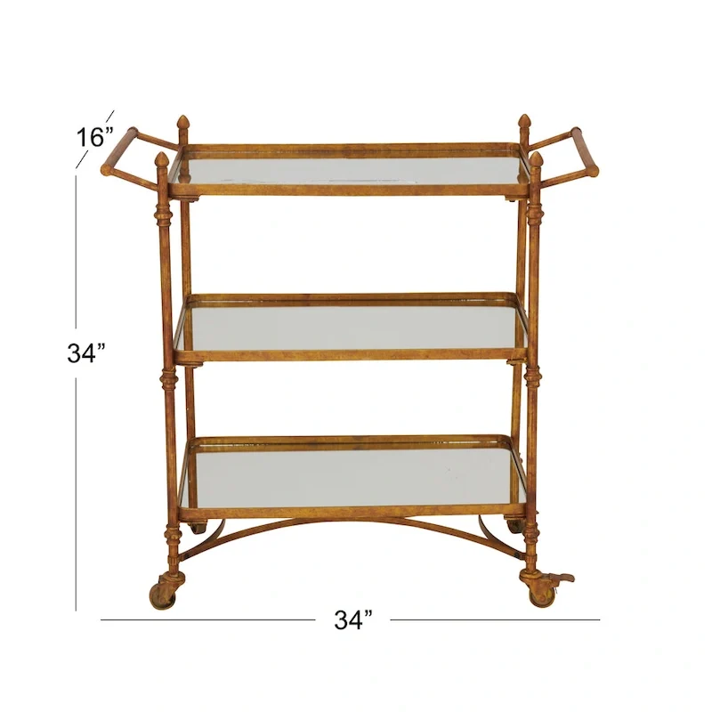 Metal Rolling 3 Mirrored Shelves Bar Cart with Handles - Brass - Roche River Decor - 18W x 35L x 33H