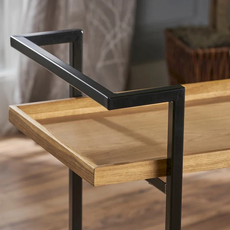 Rolling Bar Cart with Wood Look Shelving, Handle & Lockable Casters - Industrial Style Mobile Serving Cart with Wine Storage