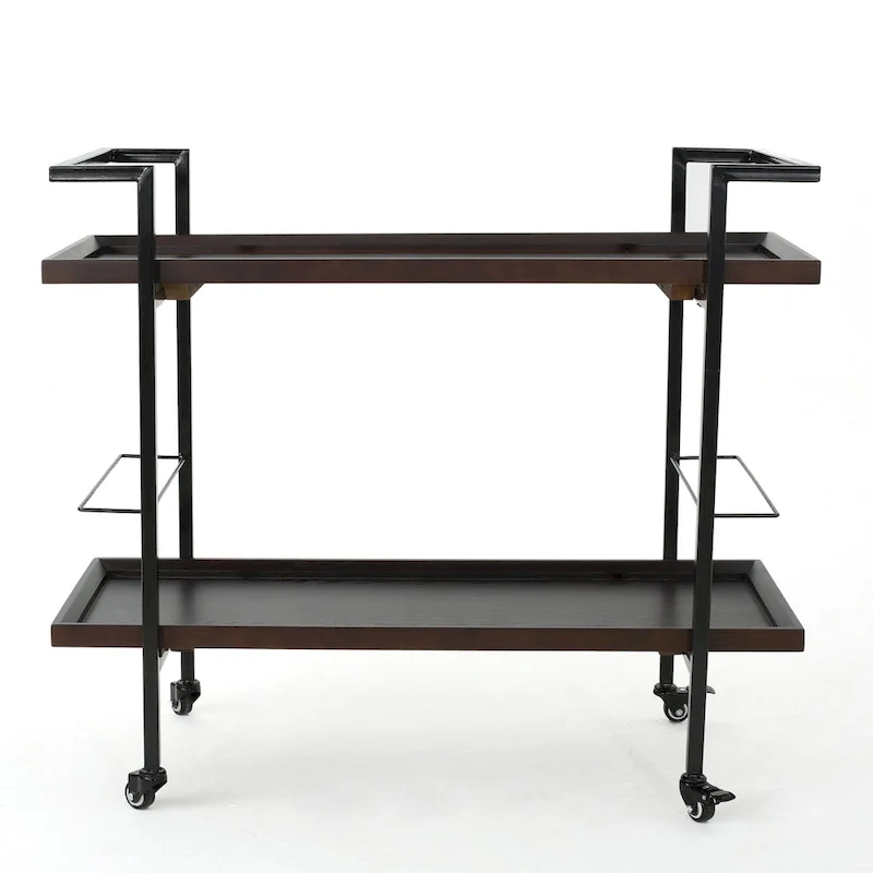 Rolling Bar Cart with Wood Look Shelving, Handle & Lockable Casters - Industrial Style Mobile Serving Cart with Wine Storage