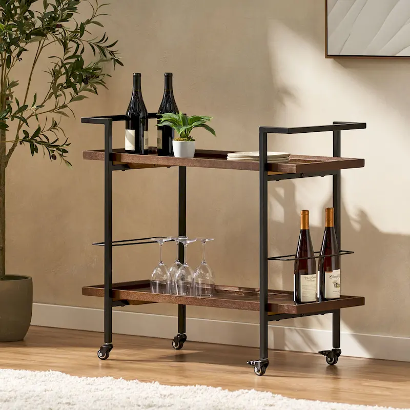 Rolling Bar Cart with Wood Look Shelving, Handle & Lockable Casters - Industrial Style Mobile Serving Cart with Wine Storage