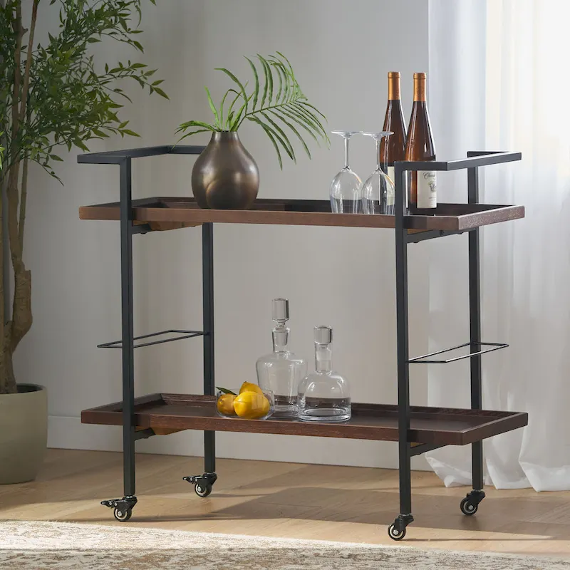 Rolling Bar Cart with Wood Look Shelving, Handle & Lockable Casters - Industrial Style Mobile Serving Cart with Wine Storage