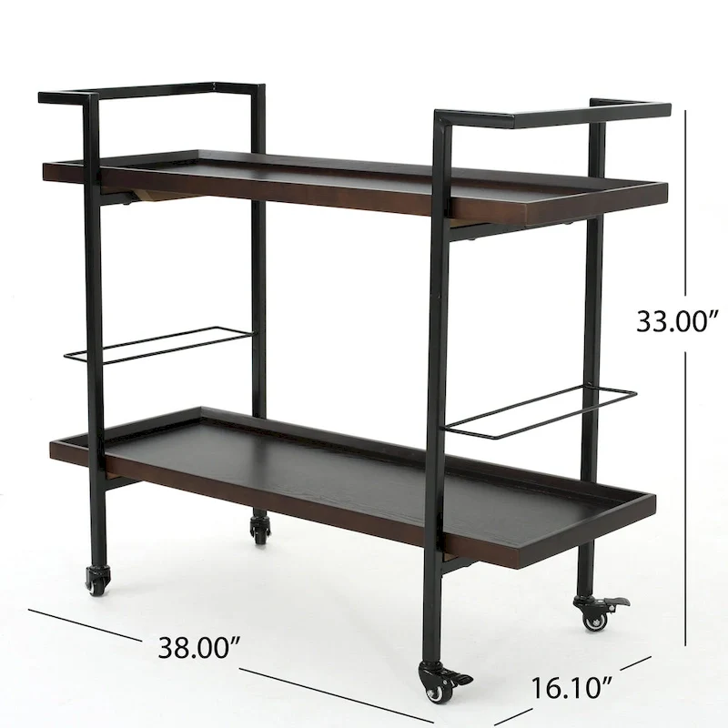 Rolling Bar Cart with Wood Look Shelving, Handle & Lockable Casters - Industrial Style Mobile Serving Cart with Wine Storage