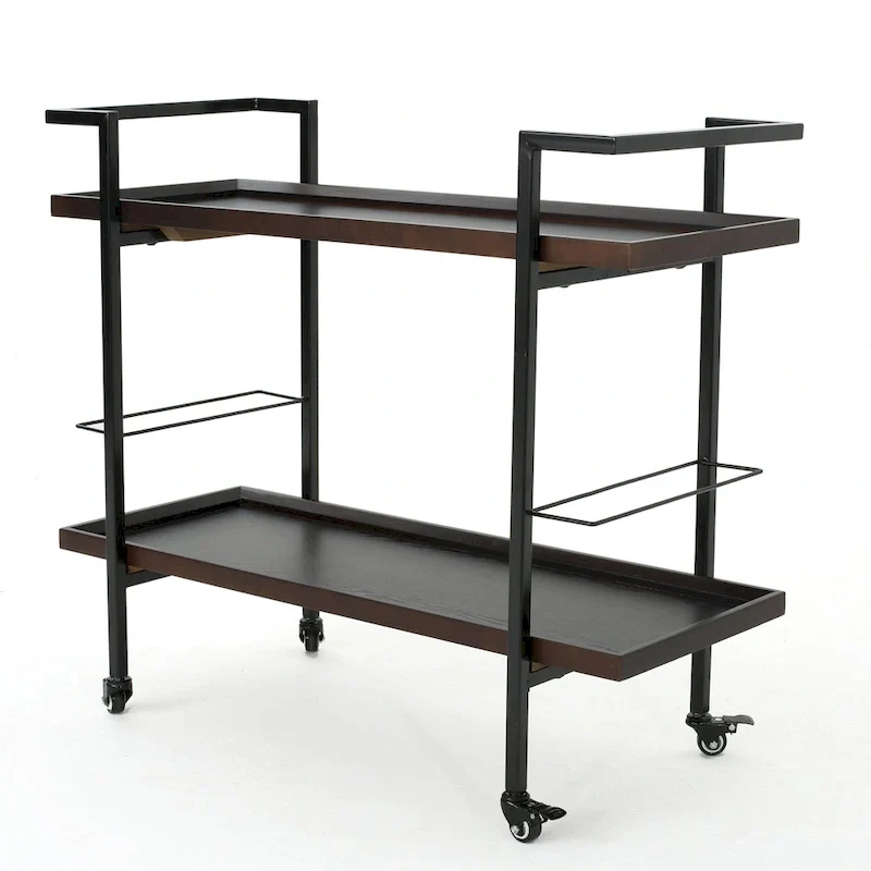 Rolling Bar Cart with Wood Look Shelving, Handle & Lockable Casters - Industrial Style Mobile Serving Cart with Wine Storage