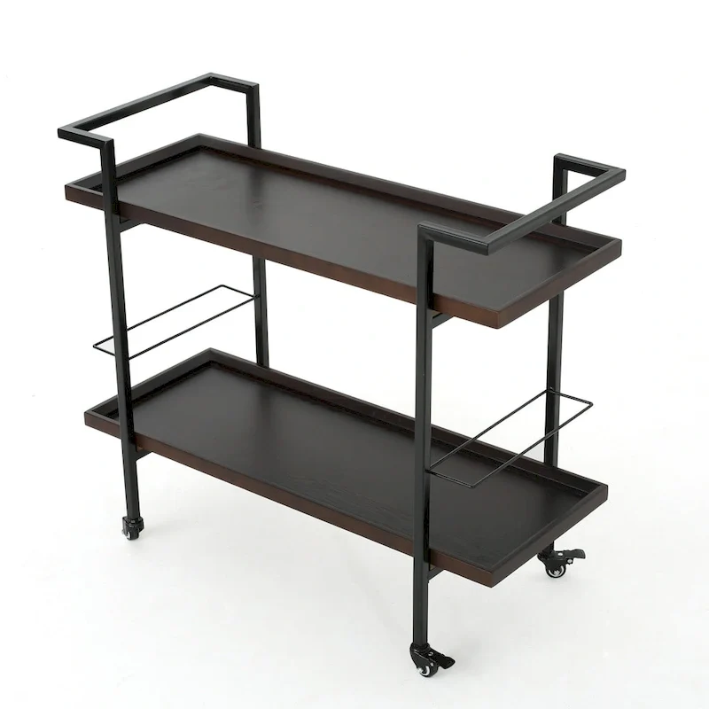 Rolling Bar Cart with Wood Look Shelving, Handle & Lockable Casters - Industrial Style Mobile Serving Cart with Wine Storage