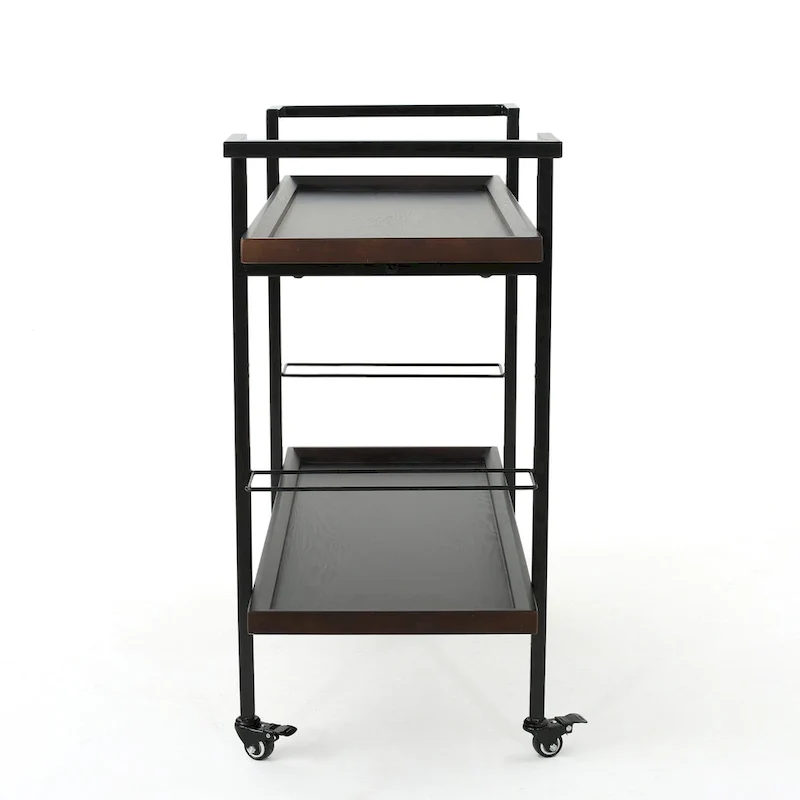 Rolling Bar Cart with Wood Look Shelving, Handle & Lockable Casters - Industrial Style Mobile Serving Cart with Wine Storage