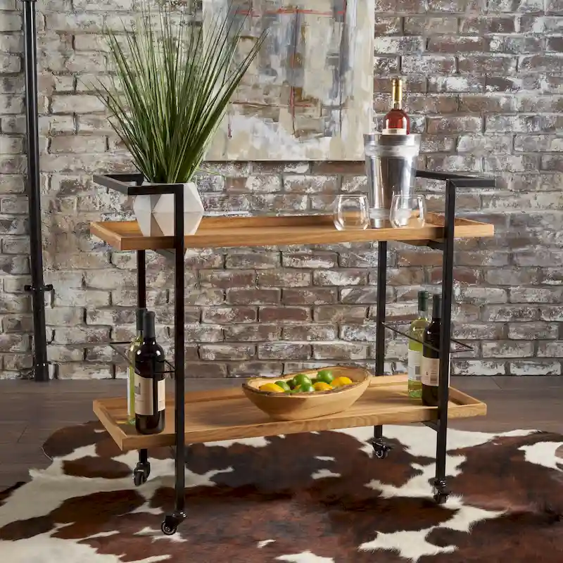 Rolling Bar Cart with Wood Look Shelving, Handle & Lockable Casters - Industrial Style Mobile Serving Cart with Wine Storage