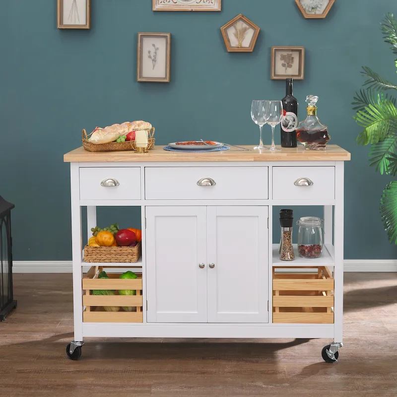 3-Tier Wood Kitchen Island Trolley Cart Storage Cabinet on Wheels with Storage Basket