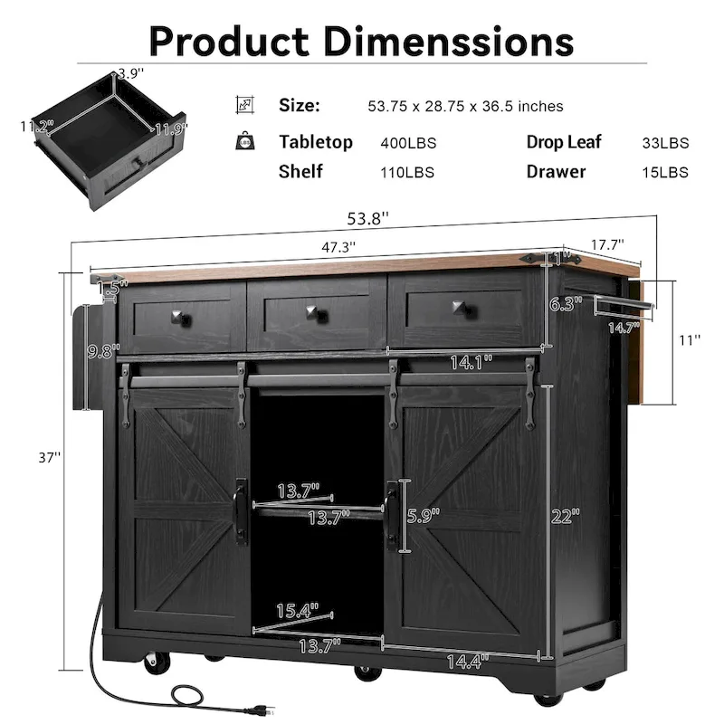 53.7 Farmhouse Kitchen Island With Power Outlet(no include stool)