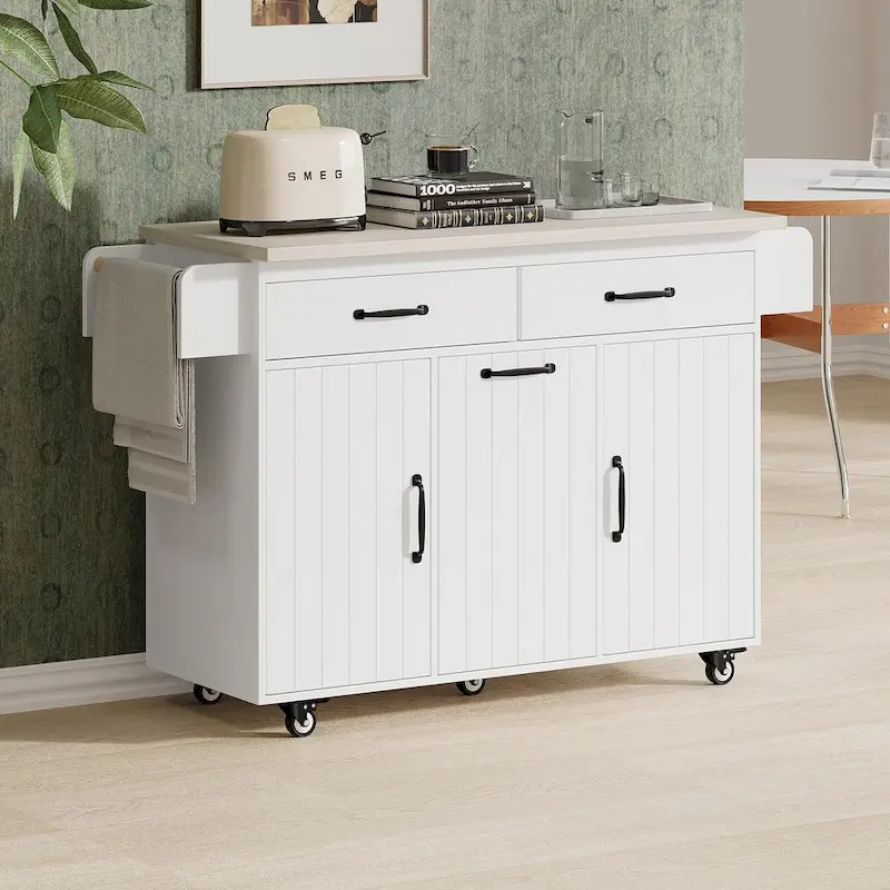 Kitchen Island with Trash Can Storage and Adjustable Shelf