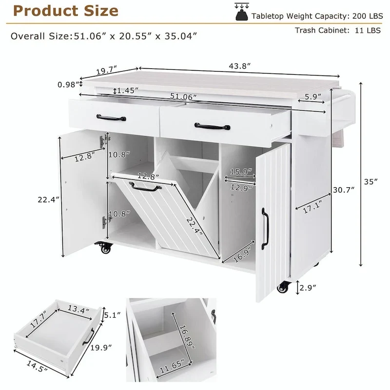 Kitchen Island with Trash Can Storage and Adjustable Shelf