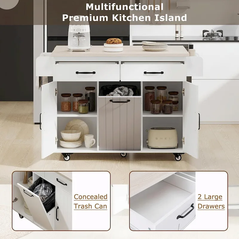Kitchen Island with Trash Can Storage and Adjustable Shelf