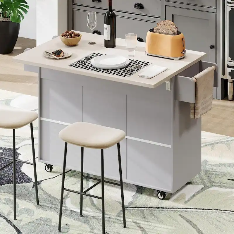 Kitchen Island with Trash Can Storage and Adjustable Shelf