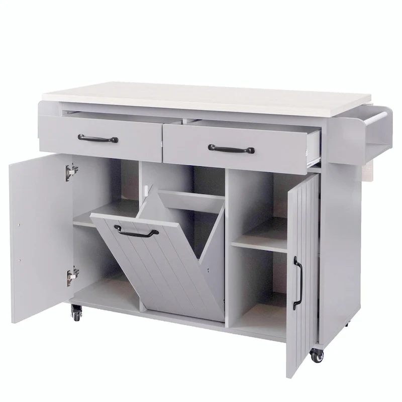 Kitchen Island with Trash Can Storage and Adjustable Shelf