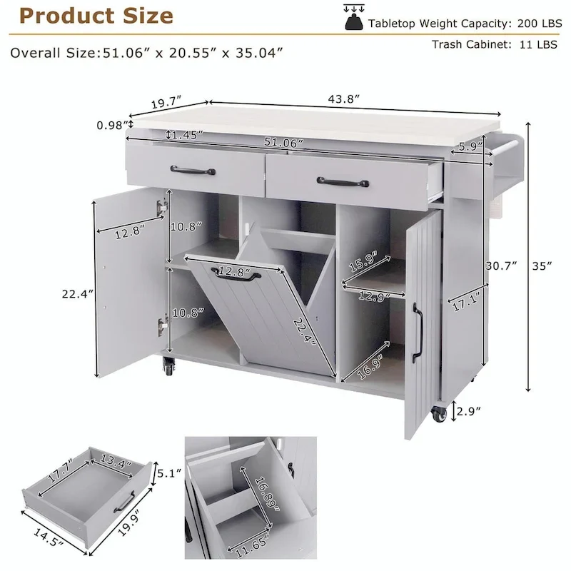 Kitchen Island with Trash Can Storage and Adjustable Shelf