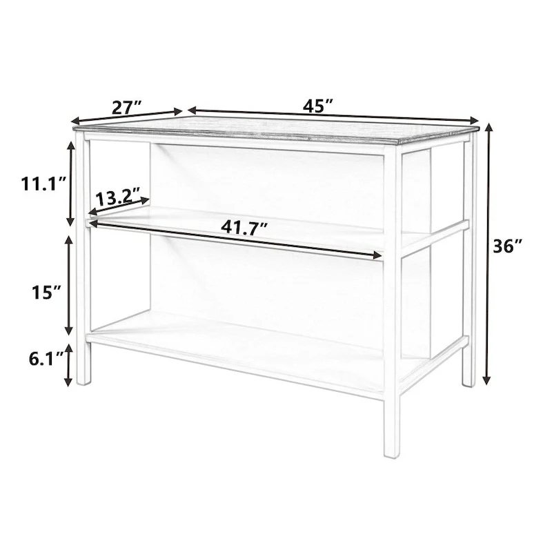 Solid Wood 45 Stationary Kitchen Island with Prep Table and Shelves