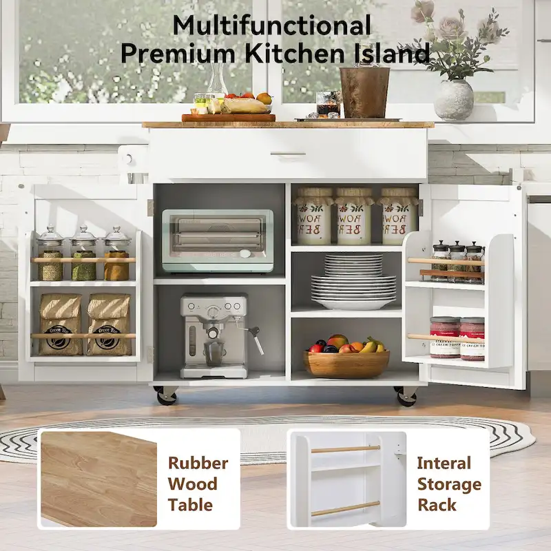 Rolling Kitchen Island with Storage,Kitchen Cart with Rubber Wood Top,Spacious Drawer with Divider and Internal Storage Rack