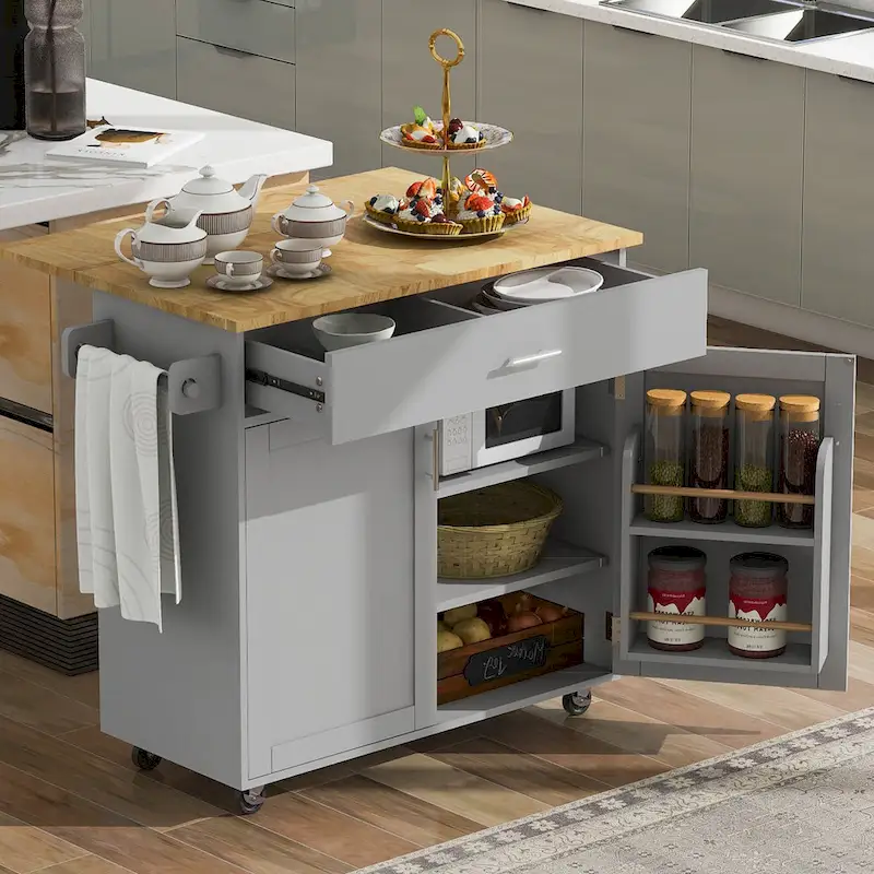 Rolling Kitchen Island with Storage,Kitchen Cart with Rubber Wood Top,Spacious Drawer with Divider and Internal Storage Rack