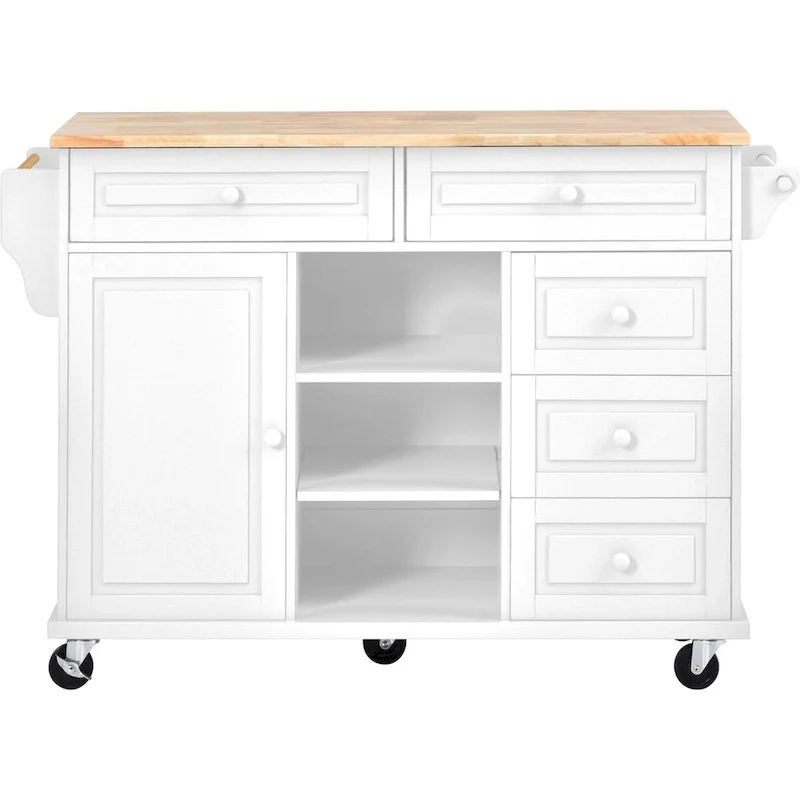 Rubber Wood Desktop Kitchen Cart Featuring Five Drawers, Concealed Cabinet, Adjustable Shelves and Smooth Rolling Wheels