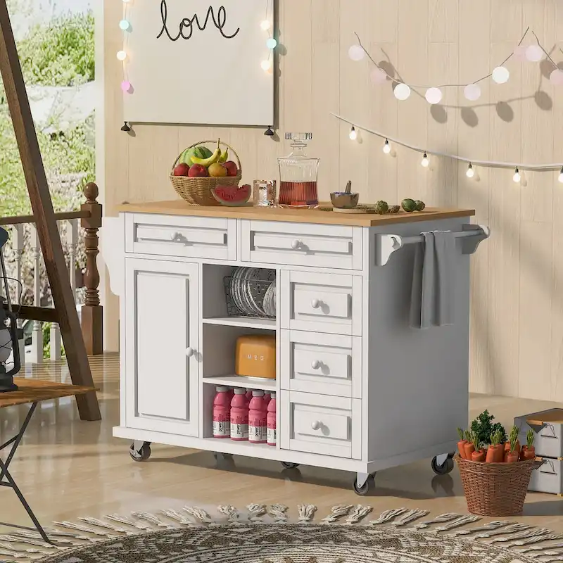 Rubber Wood Desktop Kitchen Cart Featuring Five Drawers, Concealed Cabinet, Adjustable Shelves and Smooth Rolling Wheels