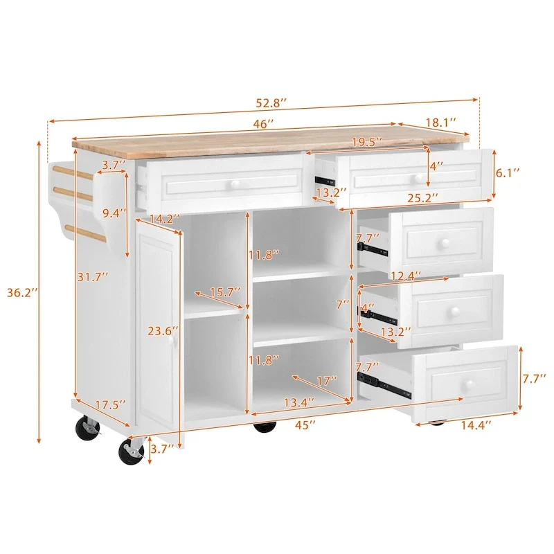 Rubber Wood Desktop Kitchen Cart Featuring Five Drawers, Concealed Cabinet, Adjustable Shelves and Smooth Rolling Wheels