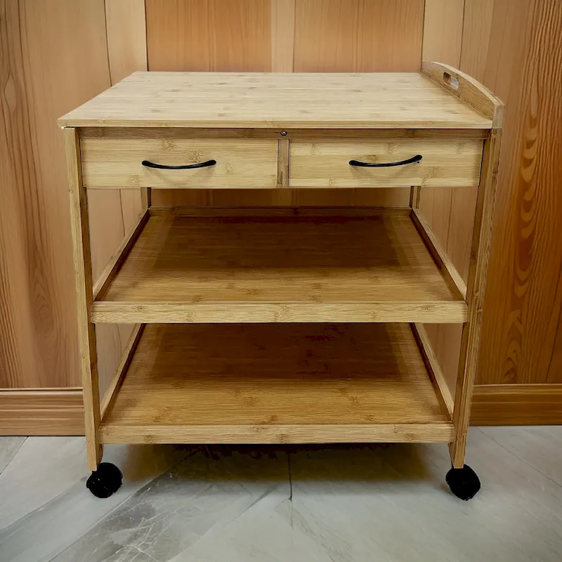 Walter Kitchen Bar Cart, 2 Drawers, 2 Shelves, Brown Bamboo, Rolling Wheels