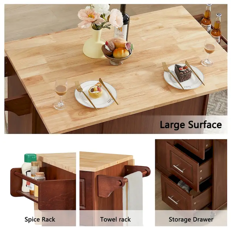 53.8 in. W Rolling Kitchen Island with Internal Storage Rack and Three Drawers