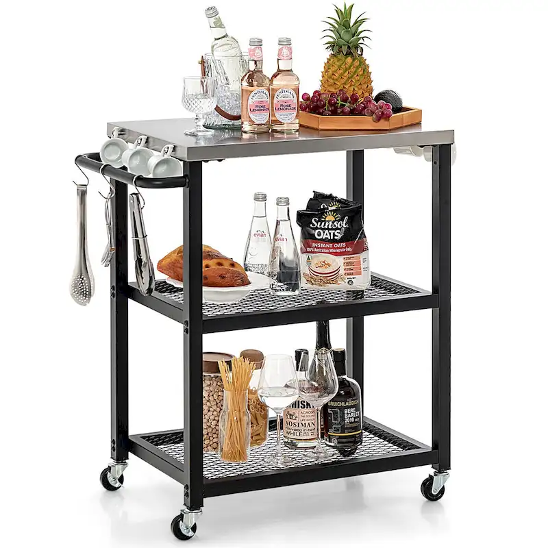 Gymax 3-tier Outdoor Grill Cart on Wheels w/ Stainless Steel Top &