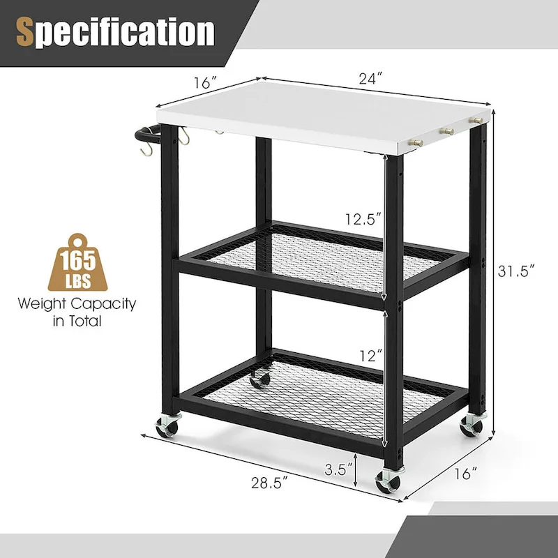 Gymax 3-tier Outdoor Grill Cart on Wheels w/ Stainless Steel Top &