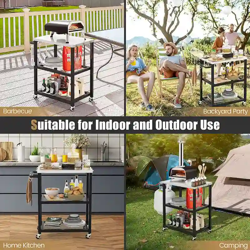 Gymax 3-tier Outdoor Grill Cart on Wheels w/ Stainless Steel Top &