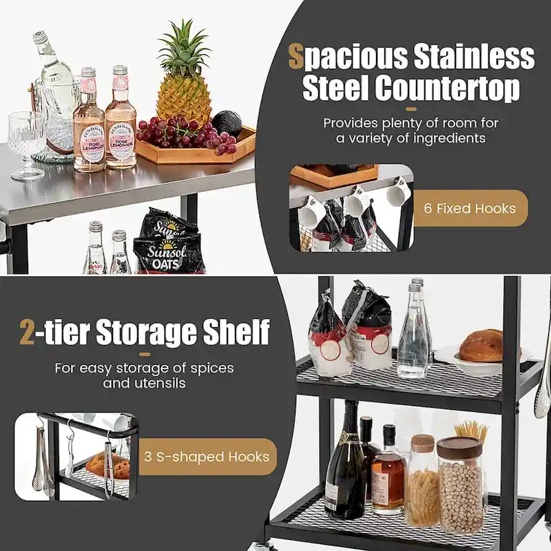 Gymax 3-tier Outdoor Grill Cart on Wheels w/ Stainless Steel Top &