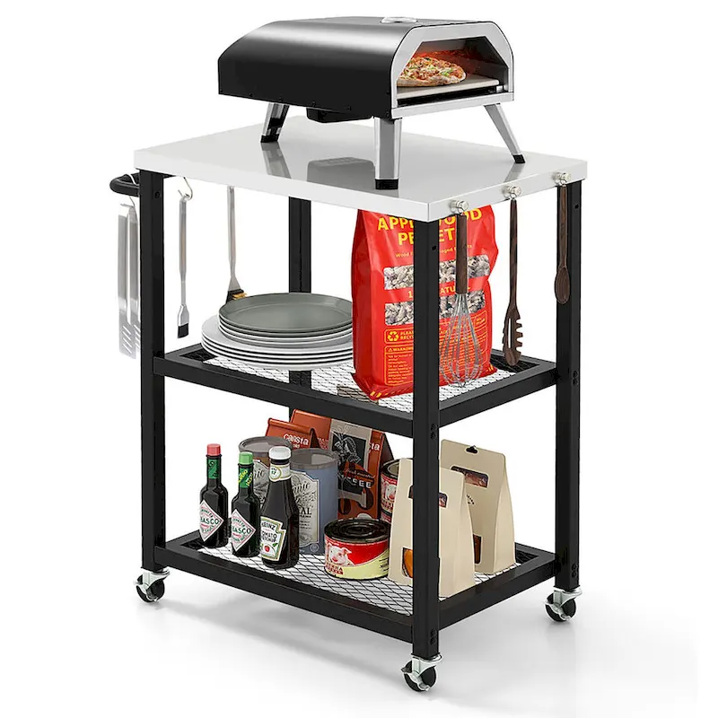 Gymax 3-tier Outdoor Grill Cart on Wheels w/ Stainless Steel Top &