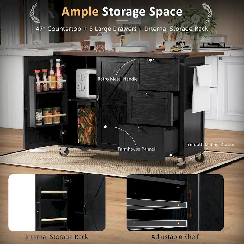 Farmhouse Kitchen Island with Power Outlet and Rolling Cart