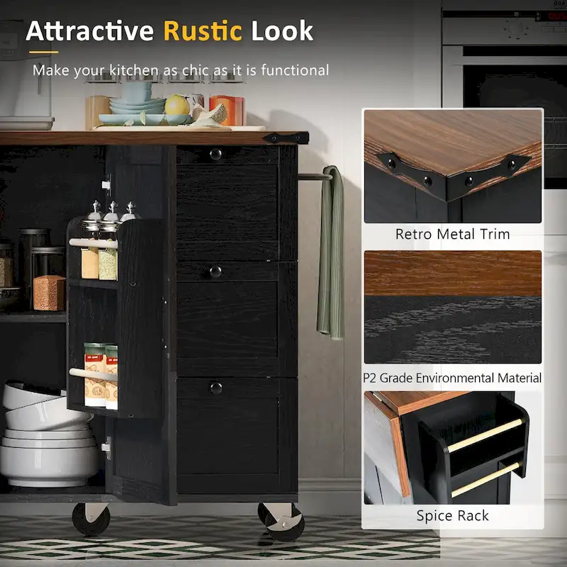 Farmhouse Kitchen Island with Power Outlet and Rolling Cart