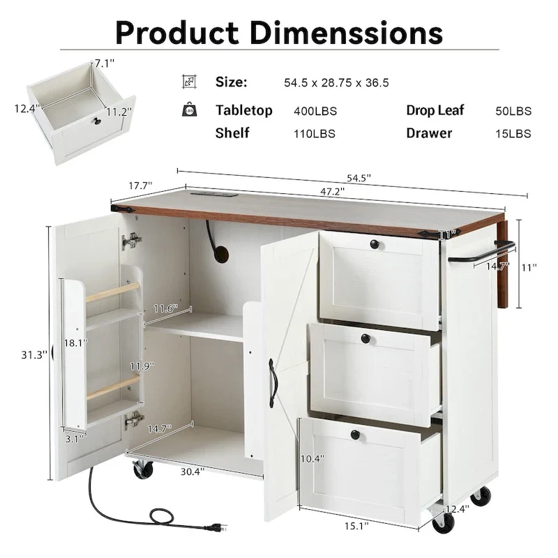 Farmhouse Kitchen Island with Power Outlet and Rolling Cart
