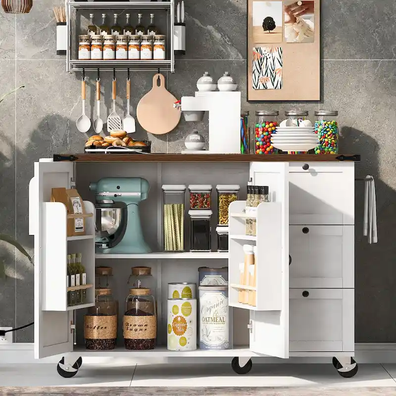 Farmhouse Kitchen Island with Power Outlet and Rolling Cart
