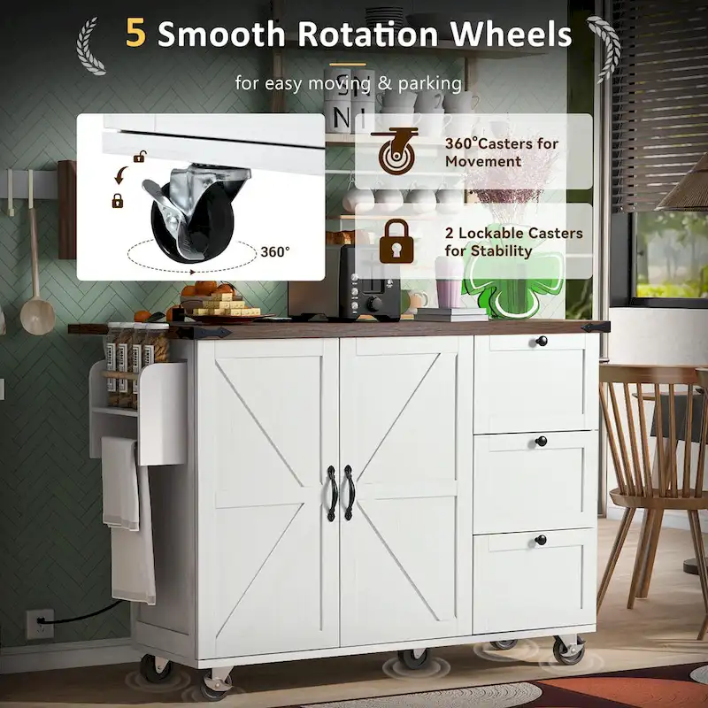 Farmhouse Kitchen Island with Power Outlet and Rolling Cart