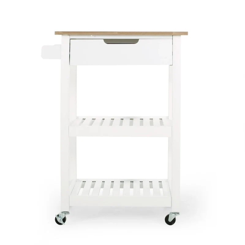 Contemporary Multifunctional Kitchen Cart with Rubberwood Top, Open Slat Shelving, Rolling Casters, Drawer and Towel Holder